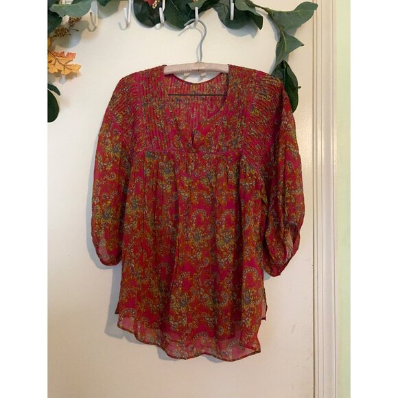 Lili Tops - Lili Women’s Paisley Floral Smocked VISCOSE / Cotton Flowy Tunic  3/4 Bell Sleev